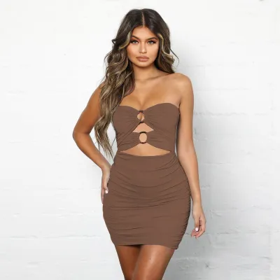 Women Sexy Slim Hollow Tube Dress in Solid Color