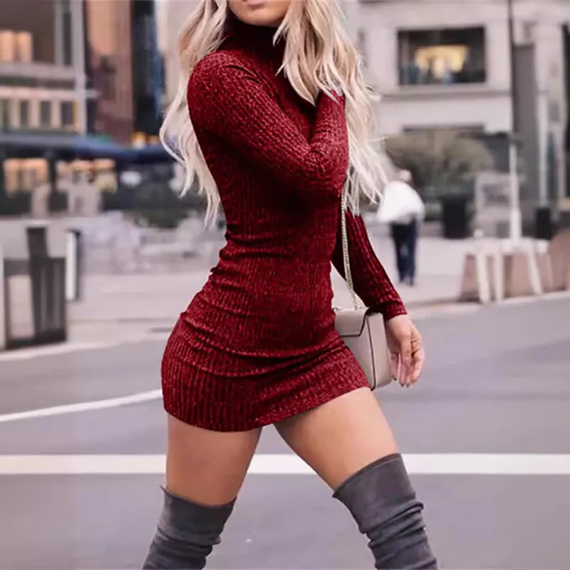 Winter Women High Collar Sexy Knitted Hip Bodycon Dress