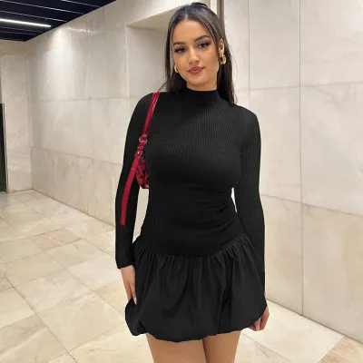 Women Summer Sexy Backless Long Sleeve Pleated Dress Polyester Splice Skirt