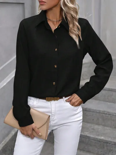 Women Casual Solid Color Single Breasted Lapel Long Sleeve Blouse