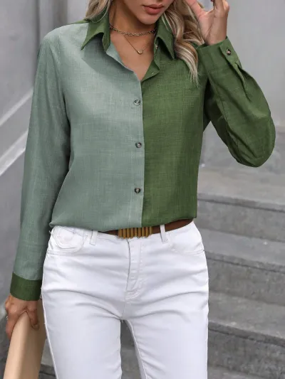 Women Casual Solid Color Single Breasted Lapel Long Sleeve Blouse
