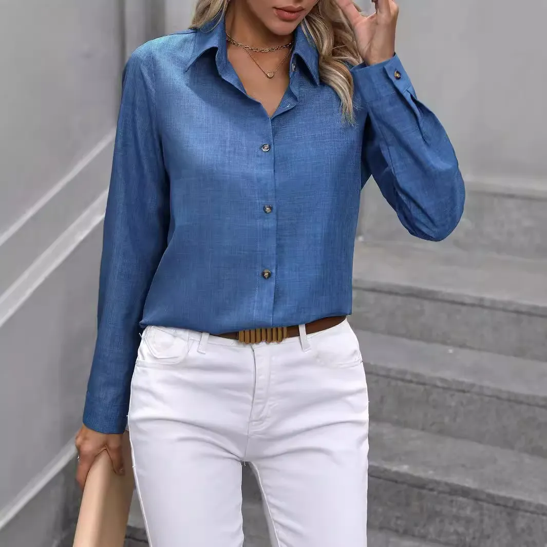 Women Casual Solid Color Single Breasted Lapel Long Sleeve Blouse