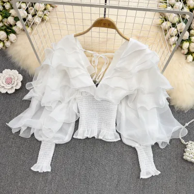 Women Fashion Solid Color Deep V Neck Ruffled Lantern Sleeve Chiffon Blouse