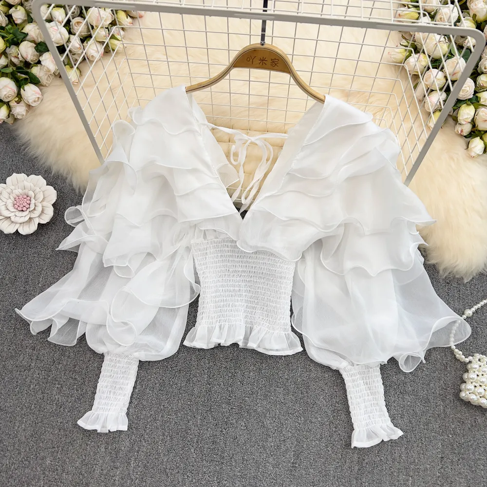 Women Fashion Solid Color Deep V Neck Ruffled Lantern Sleeve Chiffon Blouse