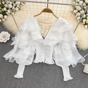 Women Fashion Solid Color Deep V Neck Ruffled Lantern Sleeve Chiffon Blouse