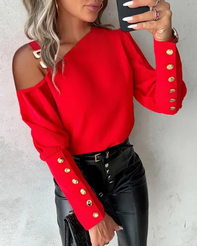 Women Simple Solid Color Metal Buckle Long Sleeve Blouse Top