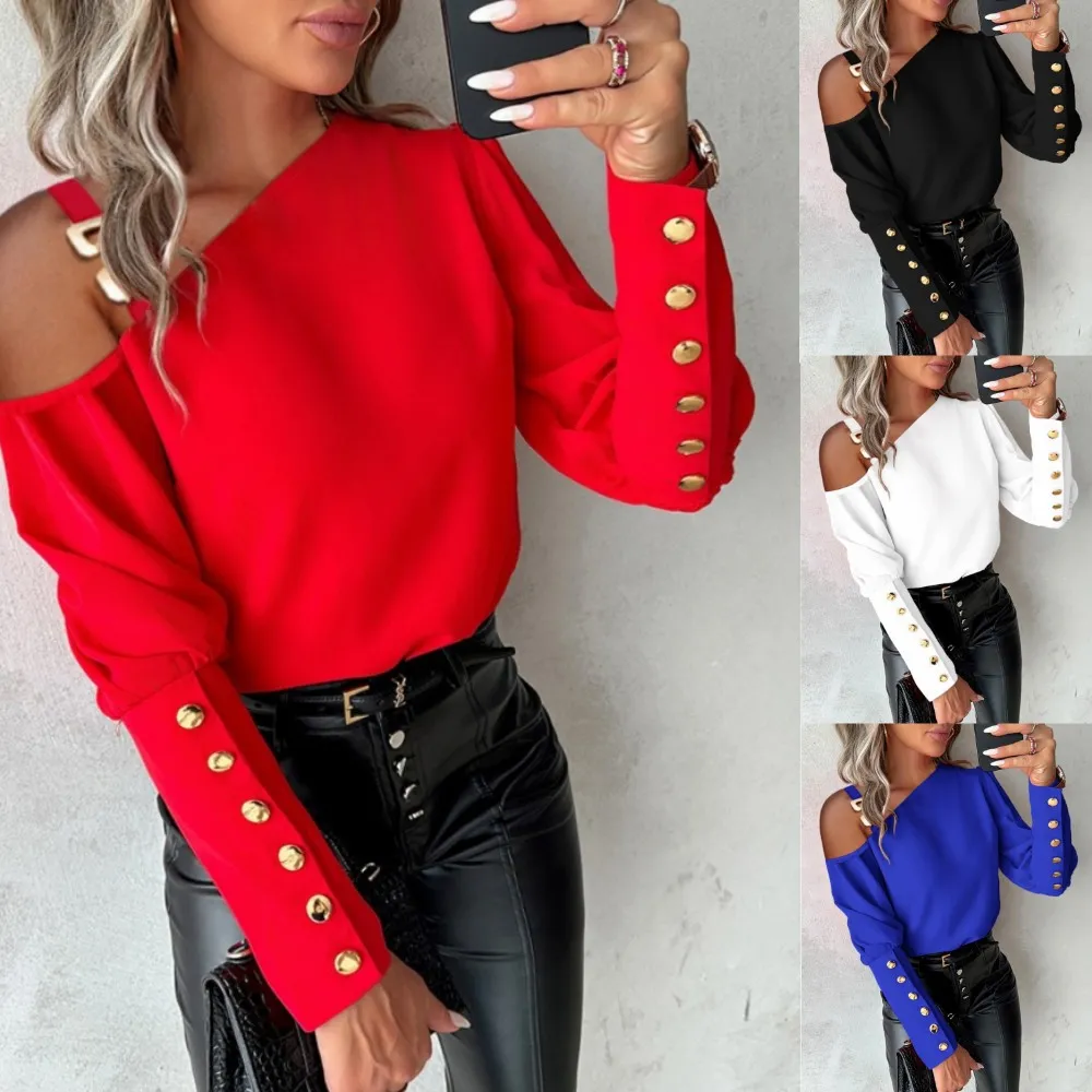 Women Simple Solid Color Metal Buckle Long Sleeve Blouse Top