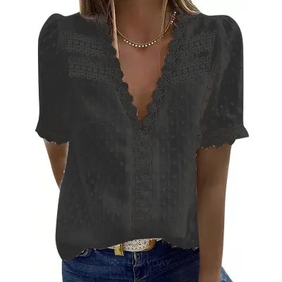 Women Fashion Lace Jacquard Short Sleeve V-Neck Blouse