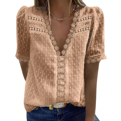 Women Fashion Lace Jacquard Short Sleeve V-Neck Blouse