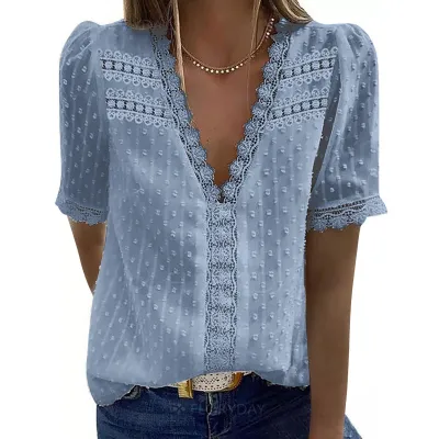 Women Fashion Lace Jacquard Short Sleeve V-Neck Blouse