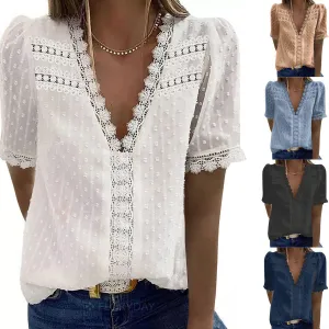 Women Fashion Lace Jacquard Short Sleeve V-Neck Blouse