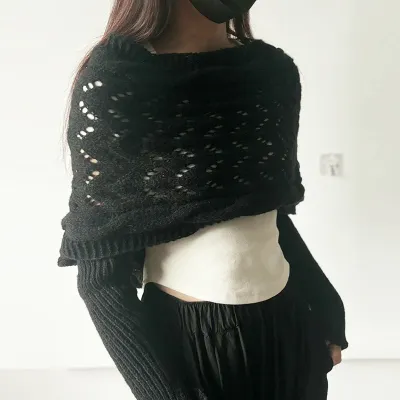 Women Autumn Winter Long Shawl Knitted Hollow Double Sleeve Sweater