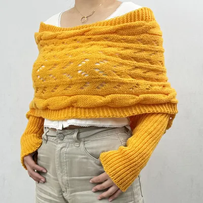 Women Autumn Winter Long Shawl Knitted Hollow Double Sleeve Sweater
