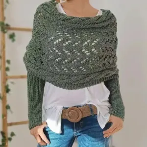Women Autumn Winter Long Shawl Knitted Hollow Double Sleeve Sweater