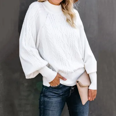 Women's Long Sleeve Knitted Pullover Sweater with Lantern Sleeves
