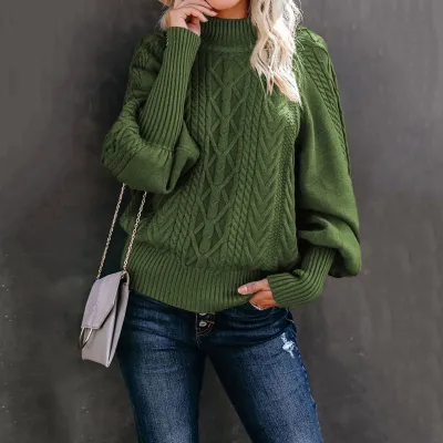 Women's Long Sleeve Knitted Pullover Sweater with Lantern Sleeves