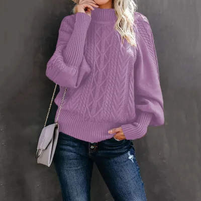 Women's Long Sleeve Knitted Pullover Sweater with Lantern Sleeves