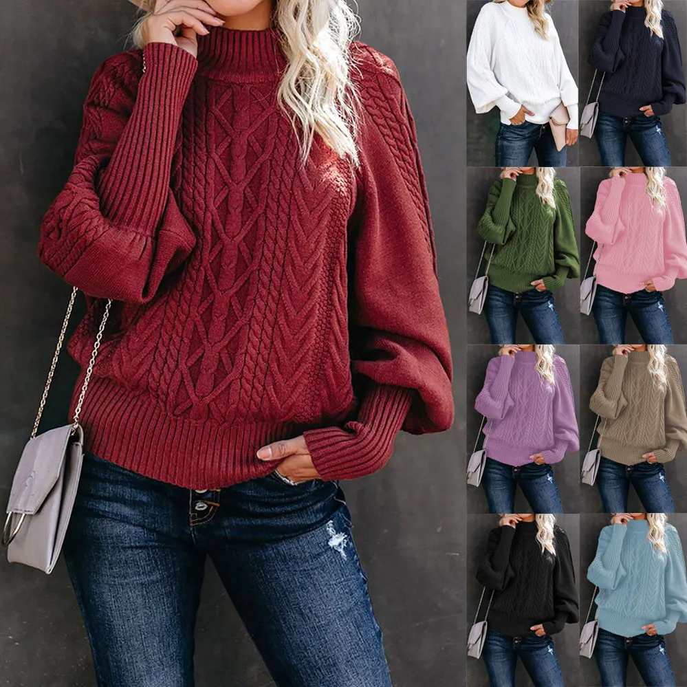 Women's Long Sleeve Knitted Pullover Sweater with Lantern Sleeves