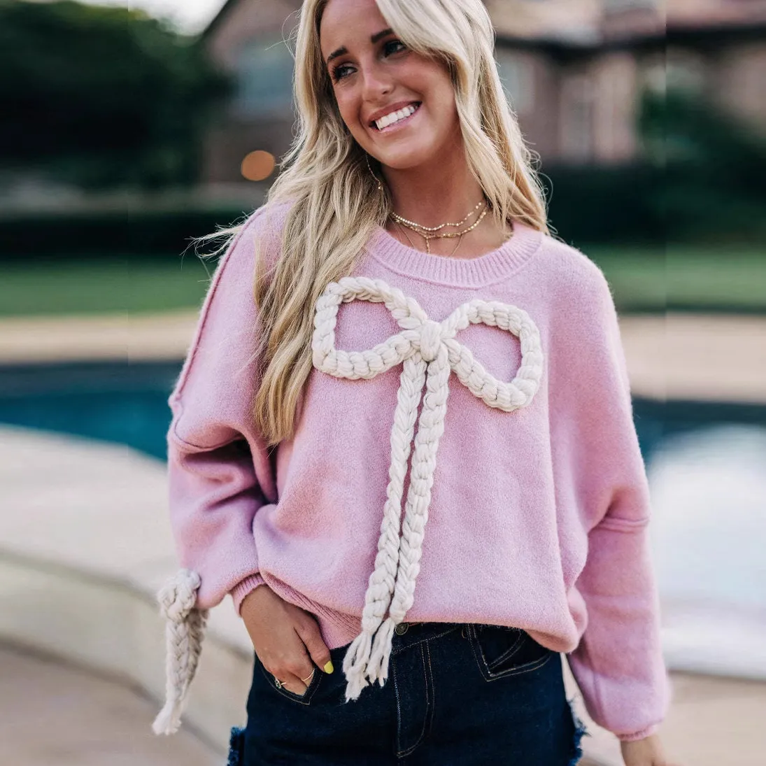 Women's Big Bow Knitted Cotton Pullover Sweater