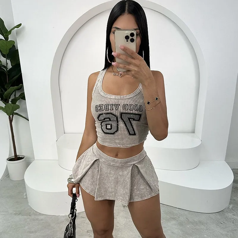 Summer Alphabet Print Women Rib-Knit Tight Tank Top Pleated Short Skirt Set