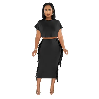 Women Solid Color Tassel Round Neck Short Sleeve Crop Top Long Skirt Two-Piece Set