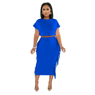 Women Solid Color Tassel Round Neck Short Sleeve Crop Top Long Skirt Two-Piece Set