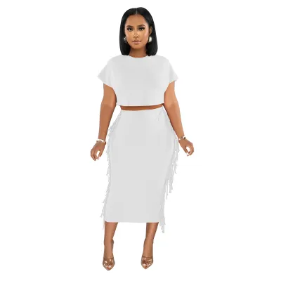 Women Solid Color Tassel Round Neck Short Sleeve Crop Top Long Skirt Two-Piece Set