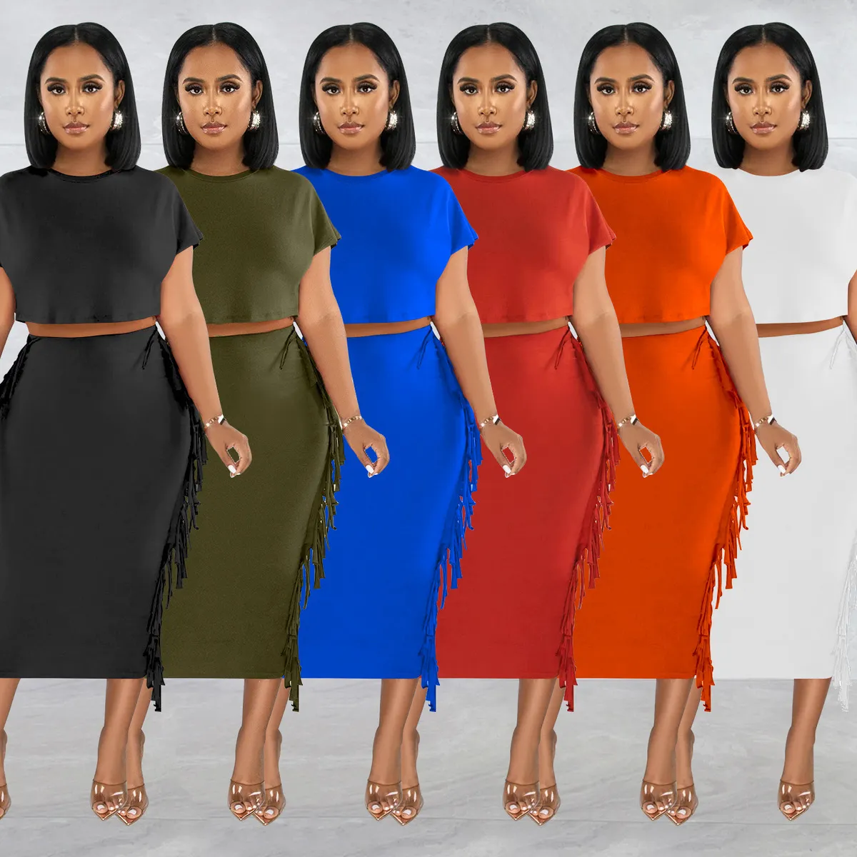 Women Solid Color Tassel Round Neck Short Sleeve Crop Top Long Skirt Two-Piece Set