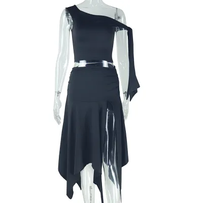 Women Solid Color Off Shoulder Top Split Skirt Set