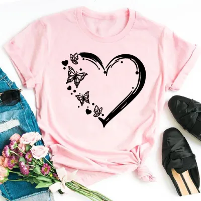 Women's Love Heart Print Modal Crewneck Short Sleeve T-Shirt for Party Valentine