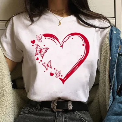 Women's Love Heart Print Modal Crewneck Short Sleeve T-Shirt for Party Valentine