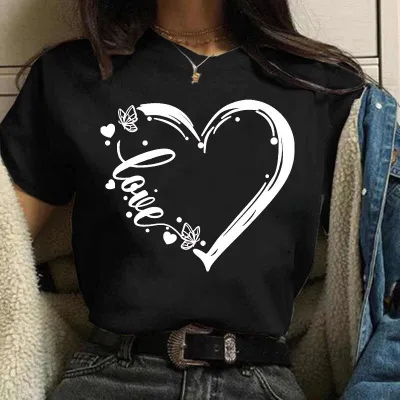 Women's Love Heart Print Modal Crewneck Short Sleeve T-Shirt for Party Valentine