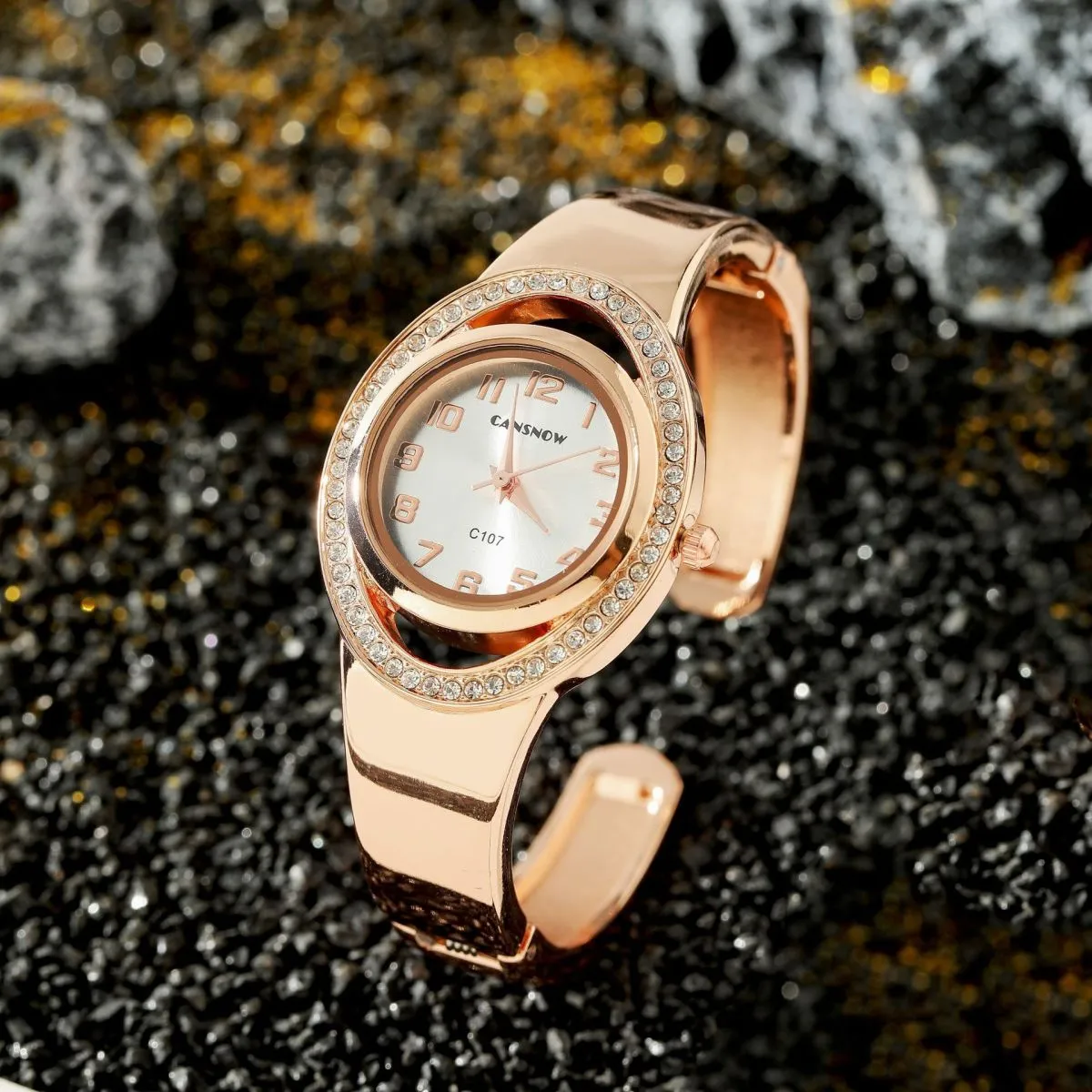 Women's Fashion Simple Square Hollow Rhinestone Dial Bracelet Watch Stainless Steel Case Imitation Leather Strap Business Style