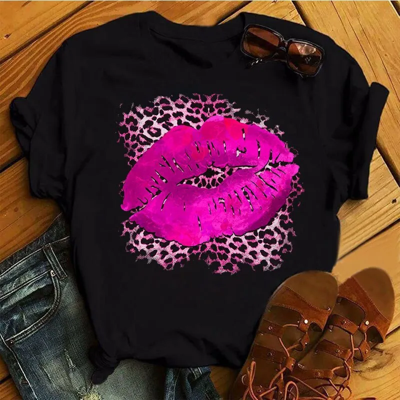 Fashion Women's Leopard Lipstick Print Short Sleeve Pullover T-Shirt