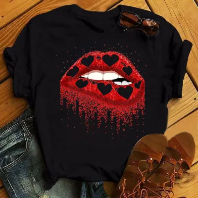 Fashion Women's Leopard Lipstick Print Short Sleeve Pullover T-Shirt