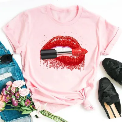Fashion Women's Leopard Lipstick Print Short Sleeve Pullover T-Shirt