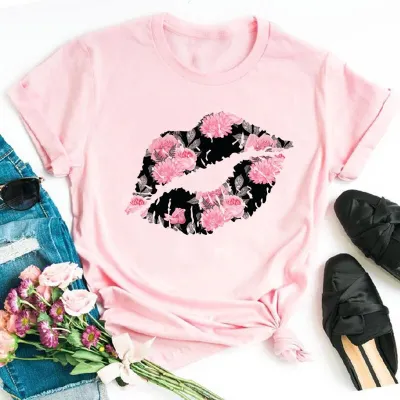Fashion Women's Leopard Lipstick Print Short Sleeve Pullover T-Shirt