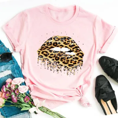 Fashion Women's Leopard Lipstick Print Short Sleeve Pullover T-Shirt