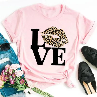 Fashion Women's Leopard Lipstick Print Short Sleeve Pullover T-Shirt