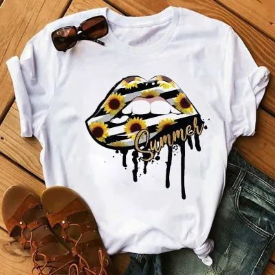 Fashion Women's Leopard Lipstick Print Short Sleeve Pullover T-Shirt