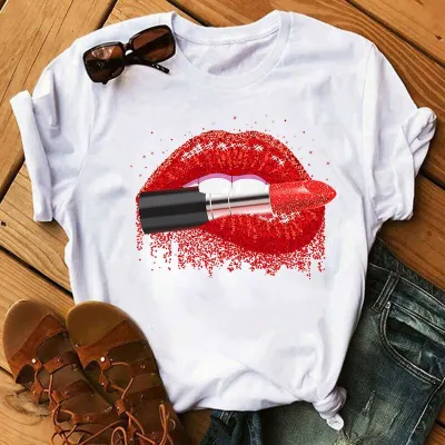 Fashion Women's Leopard Lipstick Print Short Sleeve Pullover T-Shirt