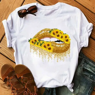 Fashion Women's Leopard Lipstick Print Short Sleeve Pullover T-Shirt