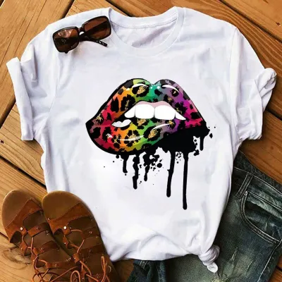 Fashion Women's Leopard Lipstick Print Short Sleeve Pullover T-Shirt