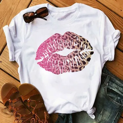 Fashion Women's Leopard Lipstick Print Short Sleeve Pullover T-Shirt