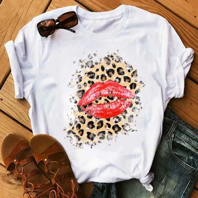 Fashion Women's Leopard Lipstick Print Short Sleeve Pullover T-Shirt