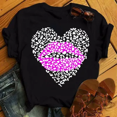 Fashion Women's Leopard Lipstick Print Short Sleeve Pullover T-Shirt