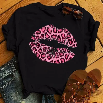 Fashion Women's Leopard Lipstick Print Short Sleeve Pullover T-Shirt