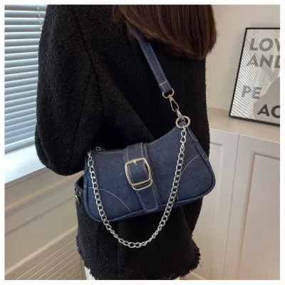 Fashion Chain Denim Shoulder Bag Baguette Crossbody Purse