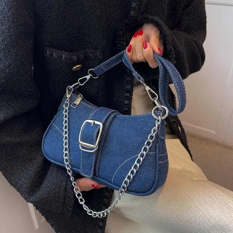 Fashion Chain Denim Shoulder Bag Baguette Crossbody Purse