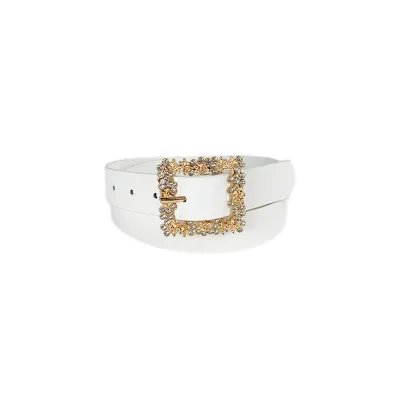 Women Fashion Rhinestone Square Buckle PU Leather Belt
